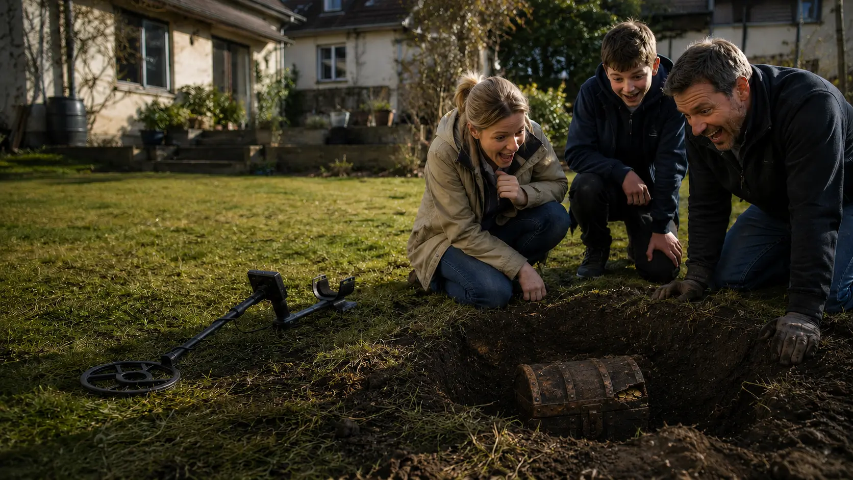 Eine Familie entdeckt bei der Suche mit einem Metalldetektor eine alte Truhe im Garten eines älteren Hauses
